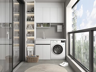 Modern Home Balcony Design With White Cabinets Washing Machine Storage Shelves And Large Windows 3d model