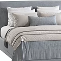 Elegant Double Bed With Gray Headboard Multiple White Pillows And Striped Bedding 3d model