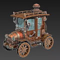 Vintage Steampunk Carriage with Wooden Body Large Wheels and Blue Windows