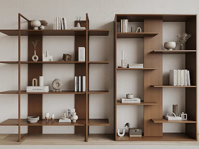 Modern Wooden Shelving Units With Books Decorative Vases Sculptures And Home Decor Items 3d model
