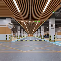 Modern Parking Garage Interior With Wooden Slat Ceiling Direction Signs And Parked Cars