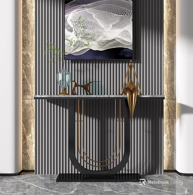 Modern Console Table Design With Metal Frame Marble Accents And Artwork Decor 3d model