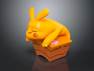 Yellow Cartoon Rabbit Character With Red Cheek Mark Lying On Brown Base With Pink Flower 3d model