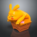 Yellow Cartoon Rabbit Character With Red Cheek Mark Lying On Brown Base With Pink Flower