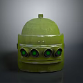 Green Domed Weapon Device Featuring Four Circular Green Components And Rustic Surface