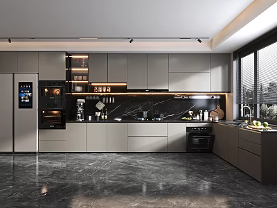 Modern Kitchen Interior With Gray Cabinets Black Countertop And Stainless Steel Appliances 3d model
