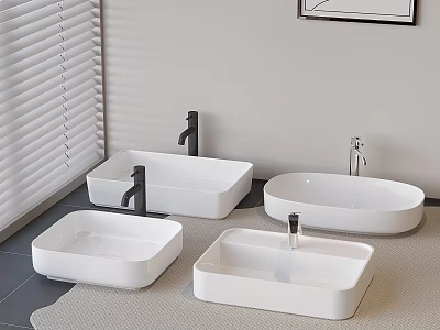 Modern White Bathroom Sinks Featuring Square Oval Shapes Modern Faucets Window Blinds and Gray Floor 3d model
