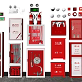 Collection of Fire Equipment Including Extinguishers Hydrants Cabinets and Warning Signs on Indoor Display Wall