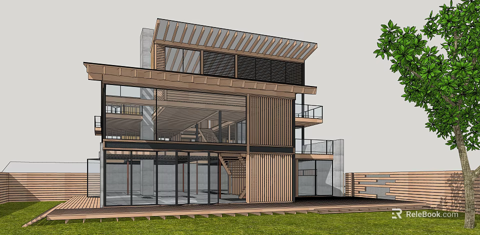 Modern Single Family Villa With Large Glass Windows Wooden Structure And Green Lawn 3d model 