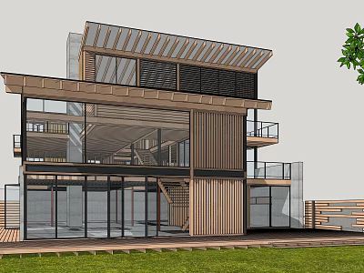 Modern Single Family Villa With Large Glass Windows Wooden Structure And Green Lawn 3d model