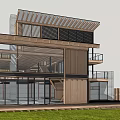 Modern Single Family Villa With Large Glass Windows Wooden Structure And Green Lawn