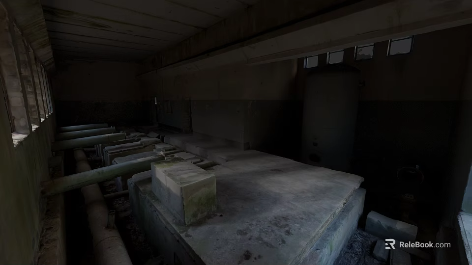 Abandoned Industrial Factory Interior With Concrete Structures Exposed Pipes And Damaged Surfaces 3d model 