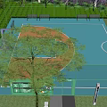 Outdoor Basketball Court Surrounded by Greenery Fence with Entrance Signage and Blue Brown Surface