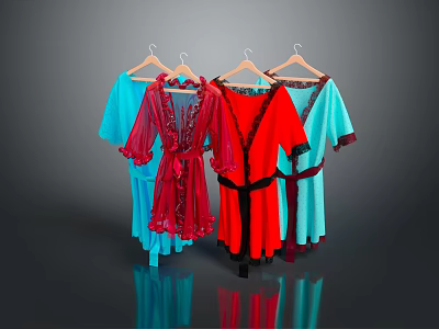 Elegant Robes on Hangers Featuring Blue Red Tones and Lace Trim on Dark Reflective Surface 3d model