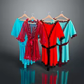 Elegant Robes on Hangers Featuring Blue Red Tones and Lace Trim on Dark Reflective Surface