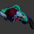 Woman With Purple Hair And Sunglasses Wearing Red Top Green Jacket Purple Pants Orange Belt