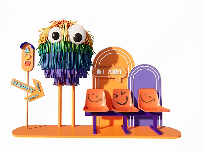 Colorful Themed Setup With Fuzzy Character Big Eyes Orange Smiling Seats Happy Sign And Popcorn 3d model