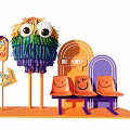 Colorful Themed Setup With Fuzzy Character Big Eyes Orange Smiling Seats Happy Sign And Popcorn