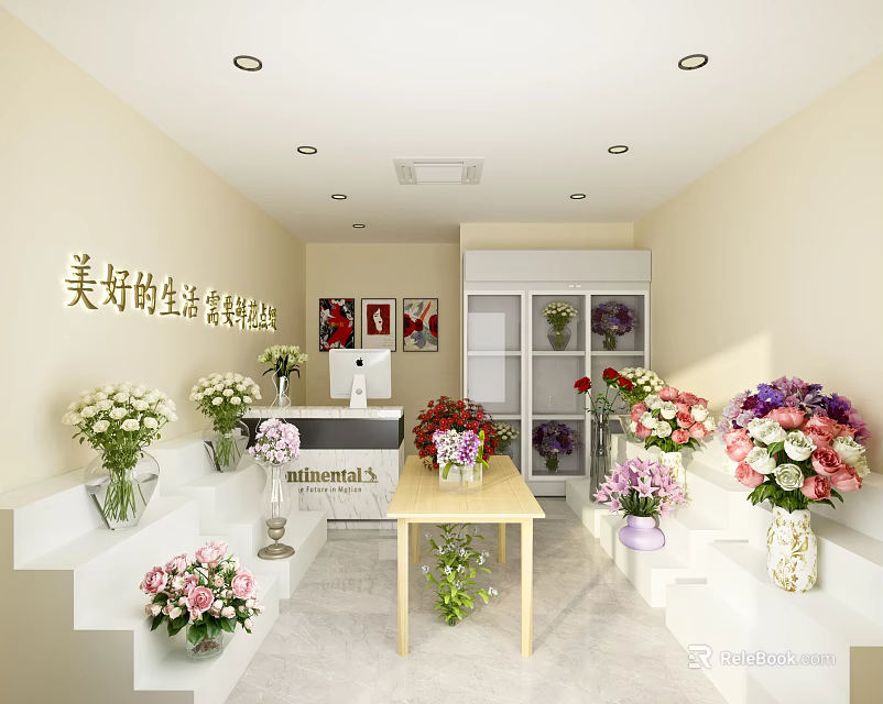 Floral Boutique Interior With Fresh Colorful Bouquets And Decorative Vases On Display Shelves 3d model 