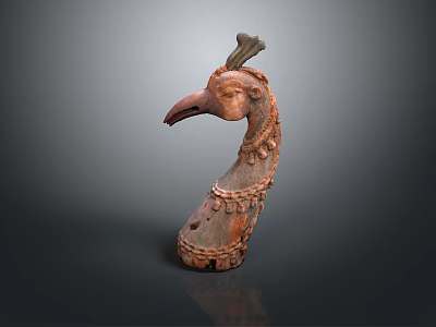 Ancient Terracotta Bird Head Sculpture with Reddish Brown Color and Crest Feather Decoration 3d model