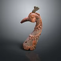 Ancient Terracotta Bird Head Sculpture with Reddish Brown Color and Crest Feather Decoration
