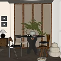 Modern Restaurant Interior With Wooden Lattice Screens Round Dining Table Chairs And Green Plant Decor