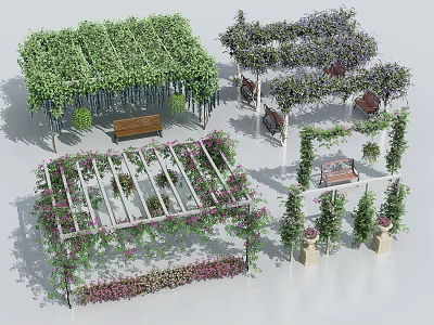 Vine Covered Garden Pergola Arbor Bench And Lush Decorative Plants 3d model