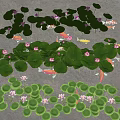 Pink Lotus Flowers With Green Lily Pads And Koi Fish On Water Surface