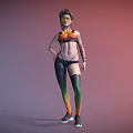Stylish Short Haired Woman In Orange Top Black Pants With Arm Tattoos And Glasses