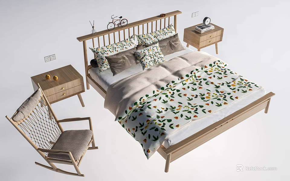 Wooden Frame Double Bed With Floral Print Bedspread And Matching Nightstand Rocking Chair 3d model 
