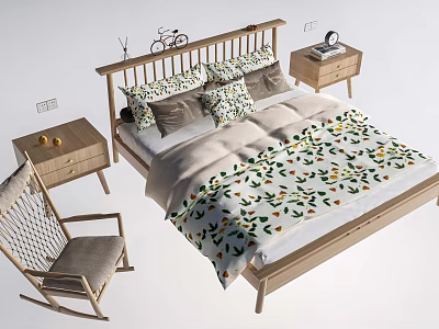 Wooden Frame Double Bed With Floral Print Bedspread And Matching Nightstand Rocking Chair 3d model