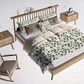 Wooden Frame Double Bed With Floral Print Bedspread And Matching Nightstand Rocking Chair
