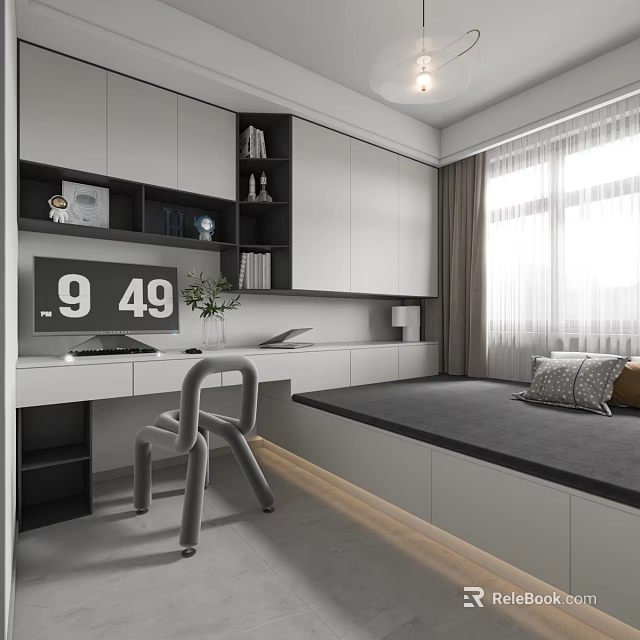 Modern Tatami Bedroom Interior With Built in Cabinets Desk Design Chair And Natural Light 3d model 