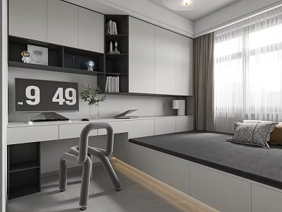 Modern Tatami Bedroom Interior With Built in Cabinets Desk Design Chair And Natural Light 3d model