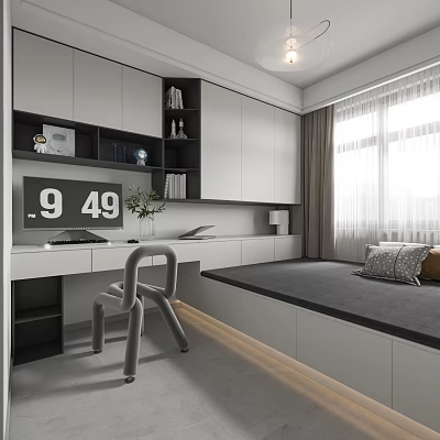 Modern Tatami Bedroom Interior With Built in Cabinets Desk Design Chair And Natural Light 3d model