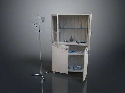 Medical Cabinet With Glass Door And Adjustable IV Stand For Medical Supplies Storage 3d model