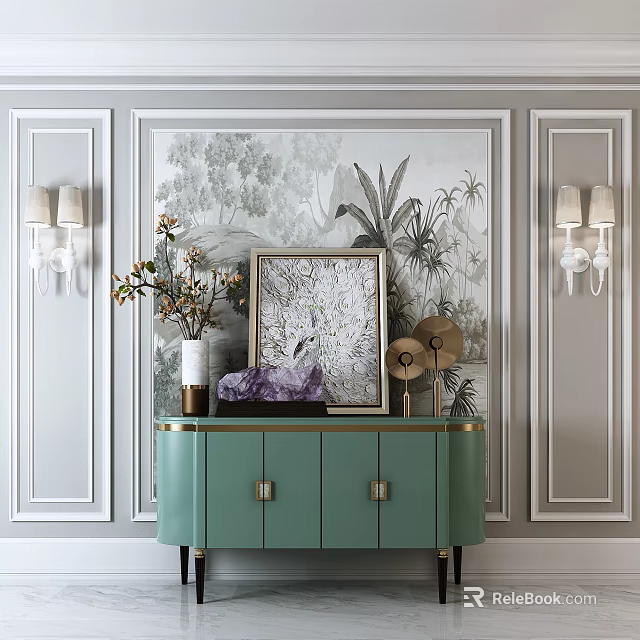 Elegant Green Entryway Console Table And Side Cabinet With Decorations Wall Mural And Sconces 3d model