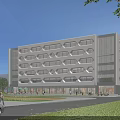 Modern White Office Building Exterior With Glass Facade Greenery And Pedestrians Surroundings