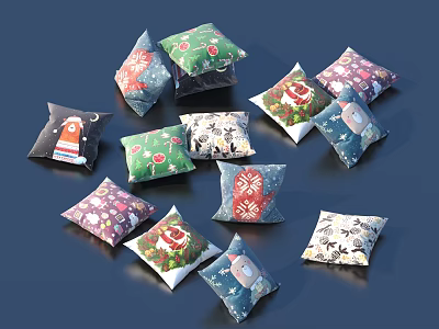Assorted Decorative Festive Pillows With Santa Snowflake Floral And Geometric Patterns 3d model