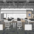 Public Office Space With Open Layout Workstations Computers Desks Chairs Whiteboard Bookshelves Blue White Carpet