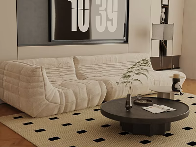 Modern Beige Three Seater Velvet Sofa With Black Coffee Table Green Plant And Patterned Rug 3d model