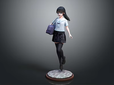 3D Schoolgirl Character In Uniform Black Skirt With Purple Bag Standing On Base 3d model