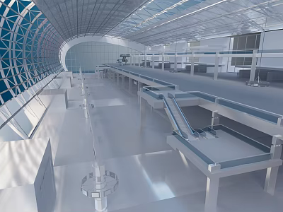 Spacious Service Hall Interior Design With Modern Counters Waiting Area And Glass Elements 3d model