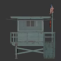 Blue Lifeguard Tower Structure With American Flag Wooden Staircase And Sign