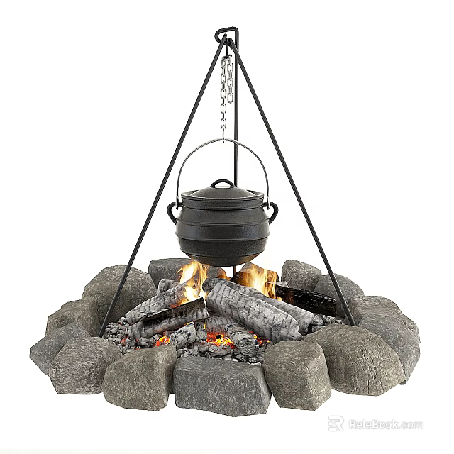 Garden Ornament With Stone Fire Pit Tripod Hanging Pot and Burning Logs 3d model 