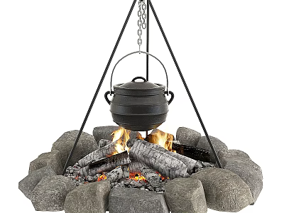 Garden Ornament With Stone Fire Pit Tripod Hanging Pot and Burning Logs 3d model