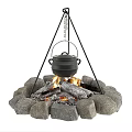 Garden Ornament With Stone Fire Pit Tripod Hanging Pot and Burning Logs