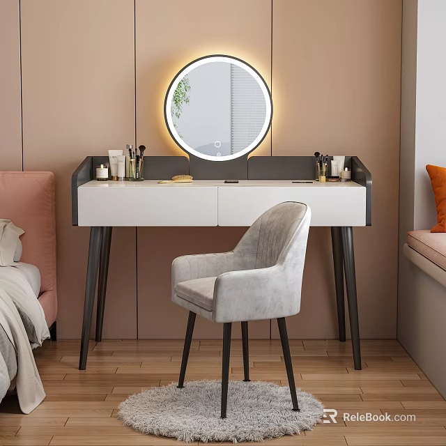 Modern Dressing Table with Round Illuminated Mirror White Top Black Legs and Gray Upholstered Chair 3d model 