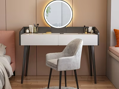 Modern Dressing Table with Round Illuminated Mirror White Top Black Legs and Gray Upholstered Chair 3d model