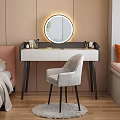 Modern Dressing Table with Round Illuminated Mirror White Top Black Legs and Gray Upholstered Chair